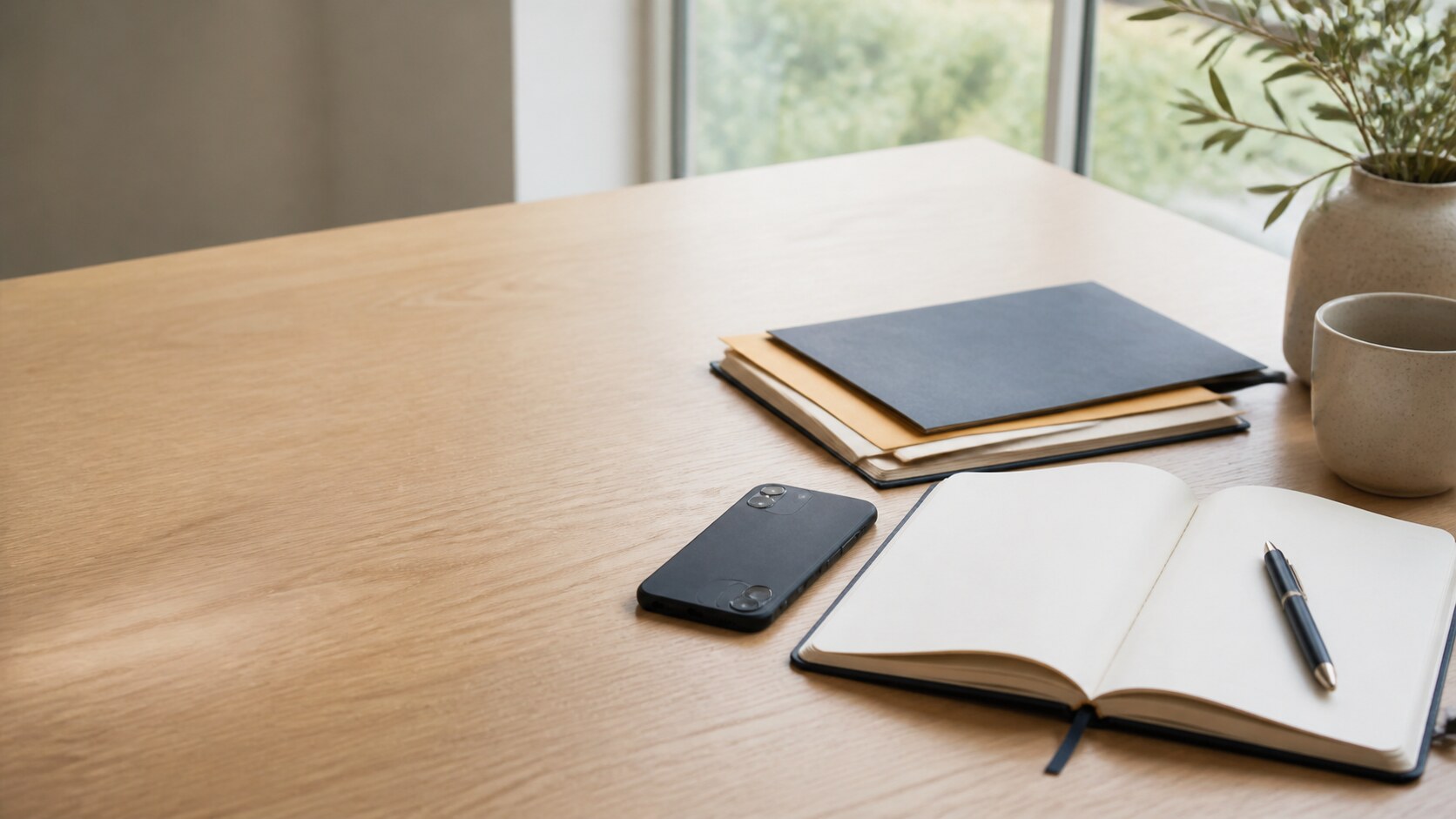 Blank notebook, pen, phone, and unbranded documents on a quiet desk